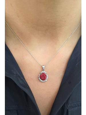 Zirkon Taş Detaylı Mercan Taşlı 925AYAR Gümüş Gül Figürlü Kolye