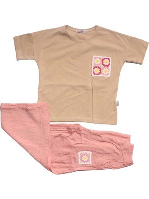 Kız Çocuk Bej Pembe Keten Pantalonlu Papatyalı 2 Li Takım - 1013373