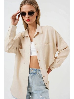 Kadın Bej Oversize Çift Cepli Keten Gömlek HZL22S-BD1201261