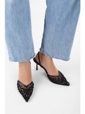 Kadın Melina Siyah Tül Pul Boncuk Işlemeli Stiletto