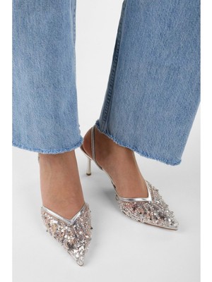 Kadın Melina Gümüş Tül Pul Boncuk Işlemeli Stiletto