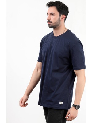 Erkek Bisiklet Yaka Basic Pamuklu T-Shirt Lacivert - 2271