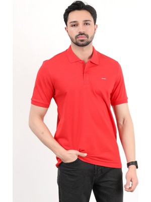 Erkek Polo Yaka Marka Baskılı Pamuklu T-Shirt Kırmızı - 25Y 2061