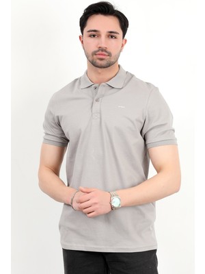 Erkek Polo Yaka Marka Baskılı Pamuklu T-Shirt Taş - 25Y 2061