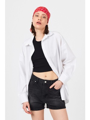 Beyaz Oversize Basic Uzun Gömlek 4664A