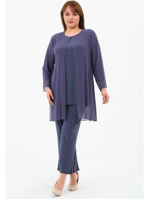 Ayşim Kadın Büyük Beden Şifon Taşlı Pantolonlu Ikili Tunik Takım