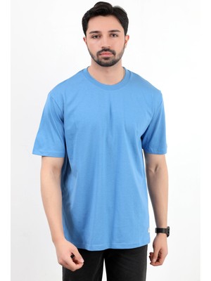 Erkek Bisiklet Yaka Basic Pamuklu T-Shirt Mavi - 2271