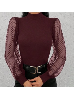 Gökyüzü Moda Kadın Uzun Kollu Tül Detaylı Yarım Balıkçı Yaka Kaşkorse Bluz