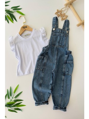 Miniğimin Cicileri Kot Salopetli Fırfır Kol Detaylı Kız Çocuk 2 li takım - Mavi