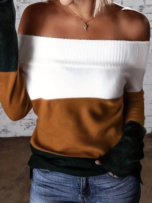 Gökyüzü Moda Kadın Uzun Kollu Omuzlardan Açık Uzun Kollu Blok Çizgili Triko Bluz
