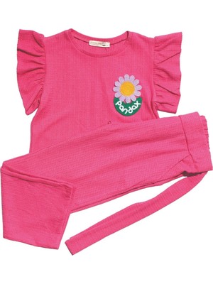 Kız Çocuk Fuşya Lila Papatya Nakışlı Bürümcük Pantolonlu 2'li Takım - 1013376