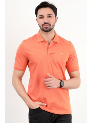 Erkek Polo Yaka Marka Baskılı Pamuklu T-Shirt Turuncu - 25Y 2061