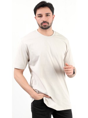 Erkek Bisiklet Yaka Basic Pamuklu T-Shirt Bej - 2271