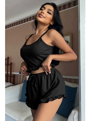 Siyah Mini Arkası Çapraz Ipli Şortlu Pijamatakımı