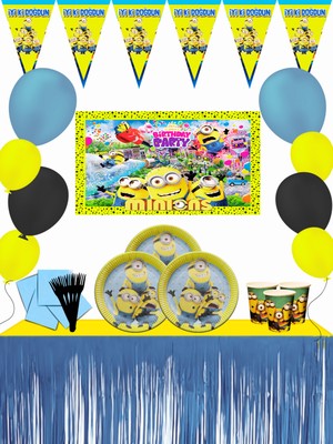 Minyonlar Minions 32 Kişilik Metalize Masa Etekli Afişli Doğum Günü Parti Malzemeleri Seti