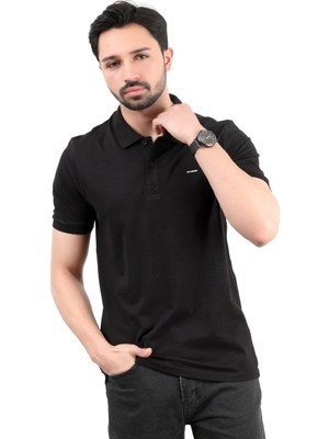 Erkek Polo Yaka Marka Baskılı Pamuklu T-Shirt Siyah - 25Y 2061
