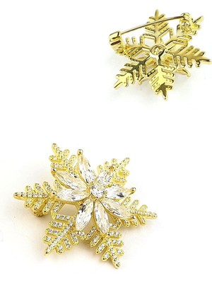 Pırlanta Parlaklığında Zirkon Taşlı 925AYAR Gümüş Üzerine Altın Kaplama Italyan Tasarımı Kar Tanesi Figürlü Yaka Iğnesi Broş