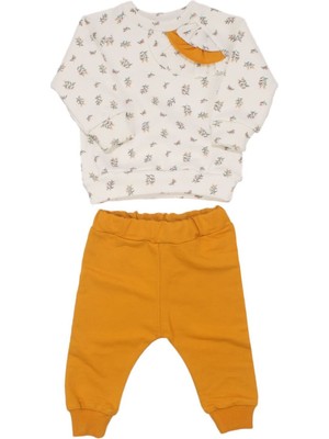 Kız Bebek Ekru Sarı Çicek Desenli Fırfır Detaylı 2'li Takım - 1015252