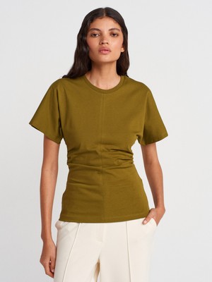 31585 Drape Detaylı T-Shirt-Koyu Yeşil