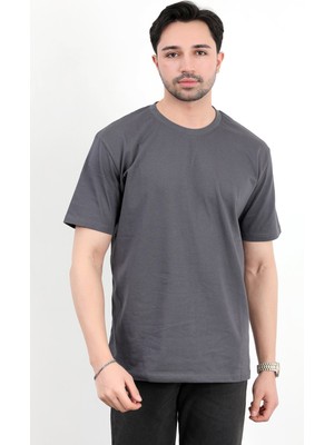Erkek Bisiklet Yaka Basic Pamuklu T-Shirt Antrasit - 2271