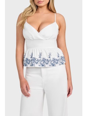 Guess Sl Blanche Pamuklu Slim Fit Dekolteli Desenli Top W5GH1AWH5800 Bayan Top W5GH1A WH580 G011