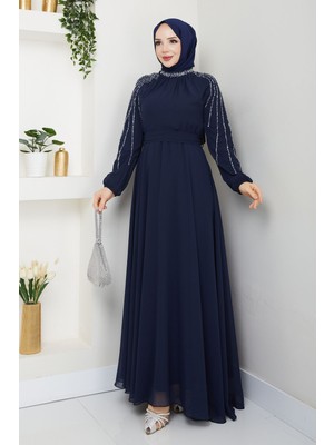 Kadın Kolu Taşlı Astarlı Şifon Elbise -PMK419