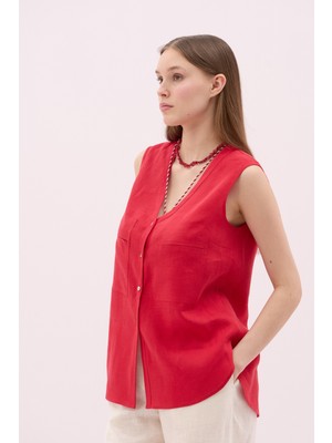 V Yaka Çift Cepli Keten Gömlek Kırmızı Y2513528_006