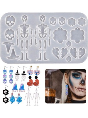 Epoksi Silikon Kalıp Cadılar Bayramı Iskelet Kuru Kafa Modelleri Delikli Kolye Küpe Kalıbı