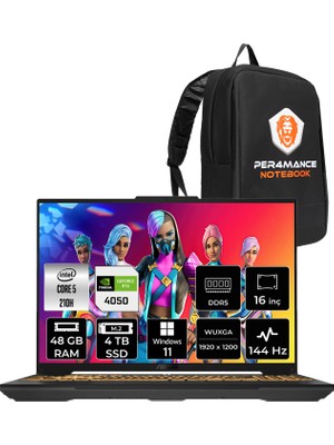 Asus Tuf Gaming F16 Core Ultra 5 210H RTX 4050 Gaming Laptop 48GB RAM 4TB SSD 16" FHD+ 144Hz Win11 Home + Per4 Çanta FX607VURL145P370