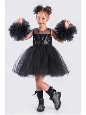 Kız Çocuk Abiye Elbise Ponpon Kol Pul Payetli Tütülü