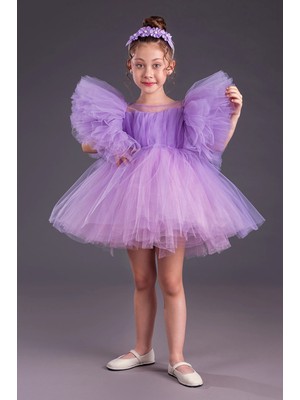 Kız Çocuk Abiye Elbise Inci Taçlı Tütü Etek Kabarık Kollu