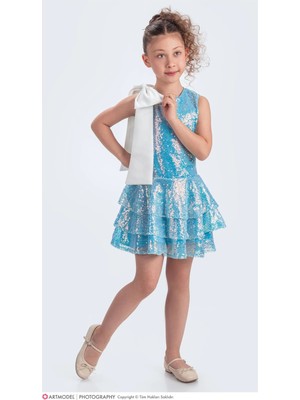 Vestitino Kız Çocuk Etekli Elbise Kısa Kol Pullu 3 Kat Düğün ve Parti İçin Şık Seçim