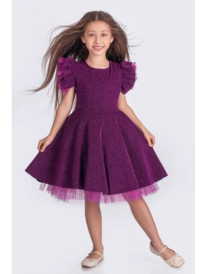 Kız Çocuk Abiye Elbise Tül Detaylı Simli