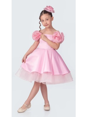 Vestitino Kız Çocuk Abiye Elbise Roze Renk Gül Aksesuarlı Slim Silüet Özel Günler İçin