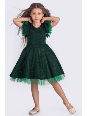 Kız Çocuk Abiye Elbise Tül Detaylı Simli