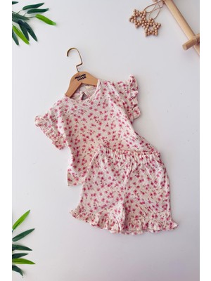 Miniğimin Cicileri Müslin Çiçek Bezeli Kız Bebe 2 Li pamuk takım - Pembe