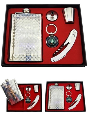 Deco Elit Çelik Matara Konyak  Seti Kabartma Kareli Vip Çok Amaçlı Çakı ve Pusula Anahtarlıklı Içki Matara Seti