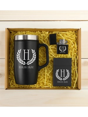 Bk Gift Kişiye Özel Isimli Siyah Kulplu Termos & Çakmak & Sigara Kutusu Hediye Seti-1 | Babalar Günü Hediyesi, Erkeklere Özel Hediye