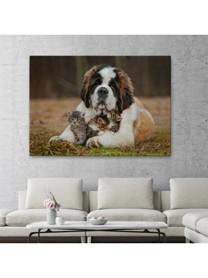 Marsilyan- St. Bernard Köpek ve Yavru Kediler Dekoratif Kanvas Tablo 1124