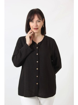 SB-0169 Keten Kolu Apoletli Sıfır Yaka Büyük Beden Siyah Gömlek    