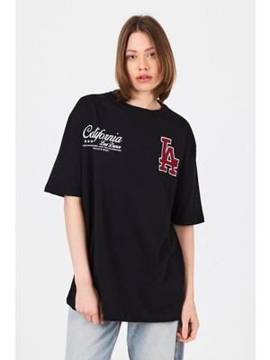Siyah La Baskılı California Yazılı Oversize Tişört 5197
