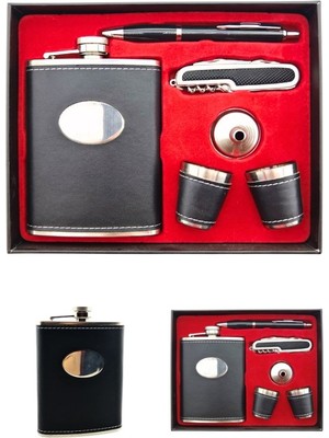 Deco Elit Isme Özel Çelik Matara  Seti Deri Kaplamalı 2 Shot Bardaklı Çok Işlevli Çakı ve Kalemli Içecek Cep Matarası