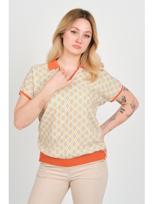 Ella Camelia Kadın Desenli Polo Yaka Beli ve Kolları Lastikli Bluz 24E107 Kiremit