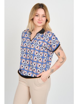Ella Camelia Kadın Desenli Polo Yaka Beli ve Kolları Lastikli Bluz 24E107 Mavi