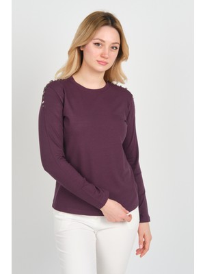 Sistas Kadın Omuzları Taş Süslemeli Uzun Kollu Bisiklet Yaka Bluz 24526 Mürdüm