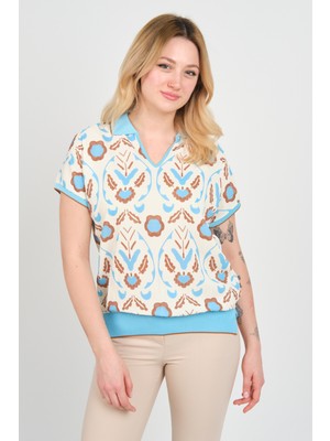 Ella Camelia Kadın Desenli Polo Yaka Beli ve Kolları Lastikli Bluz 24E107 Turkuaz