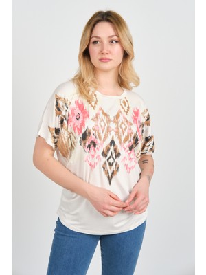 Ella Camelia Kadın Düşük Kollu Desenli Bluz 24E021 Ekru
