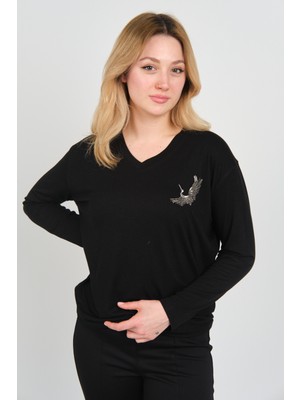 Sistas Kadın Uzun Kollu V Yaka Işleme Detaylı Bluz 4565 Siyah