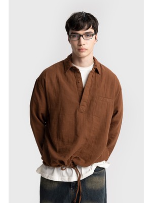 Buruşuk Görünümlü Bağcık Detaylı Gömlek