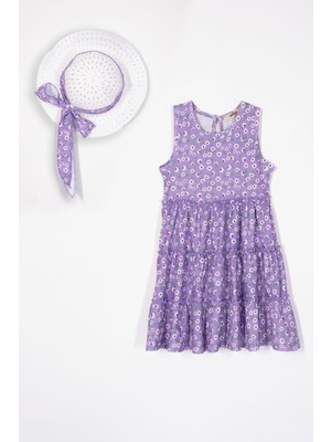 Bisiklet Yaka Sıfır Kol Şapka Aksesuarlı Lila Renk Kız Çocuk Elbise